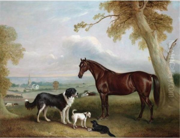 A Chestnut Hunter And Three Dogs
 Belonging To William Brewitt In A Landscape With A Steam Train And Two 
Churches In The Distance Oil Painting by John Snr Ferneley