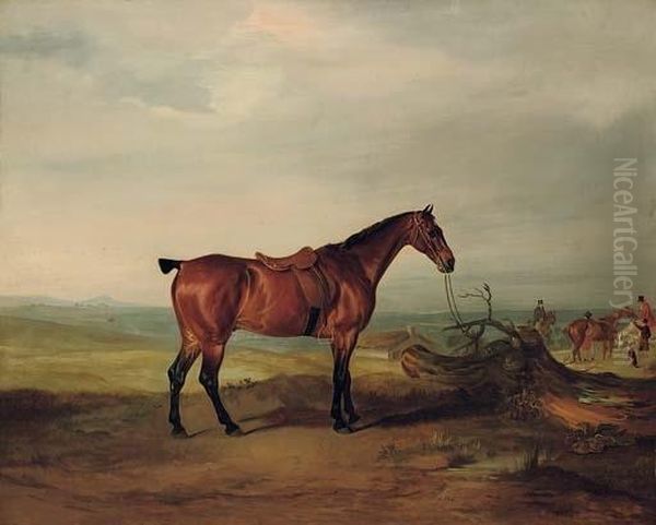 A Saddled Bay Hunter In A Landscape, With Huntsmen And Hounds Beyond Oil Painting by John Snr Ferneley