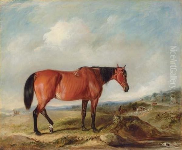 A Bay Hunter In A Landscape, Cattle And A Town Beyond Oil Painting by John Snr Ferneley