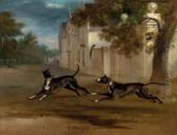 Earl Brownlow's Two Bull 
Terriers Nelson And Argo, Running In The Grounds Of A Country House Oil Painting by John Snr Ferneley