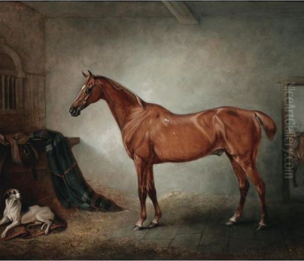 Firebird, A Chestnut Hunter, And Policy, A Foxhound, In A Loose Box Oil Painting by John Snr Ferneley