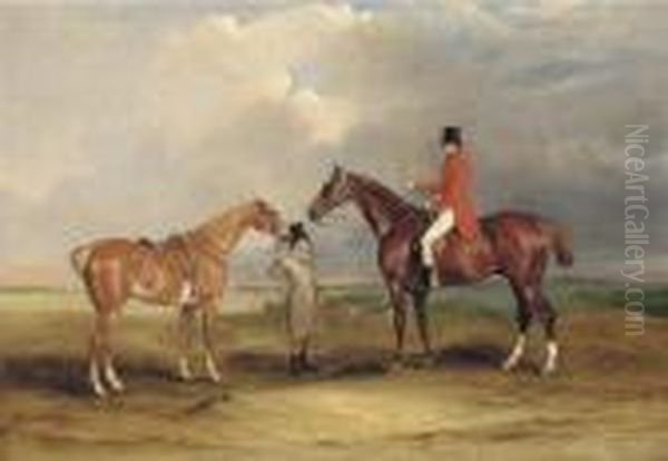 Portrait Of John Drummond On A 
Hunter, With A Groom Holding His Second Horse, In A Landscape, A Hunting
 Party Beyond Oil Painting by John Snr Ferneley