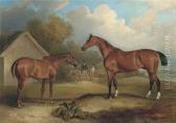 Sambo And Pilot, Property Of Lord Gardner, At Grass, With Figures Beyond Oil Painting by John Snr Ferneley