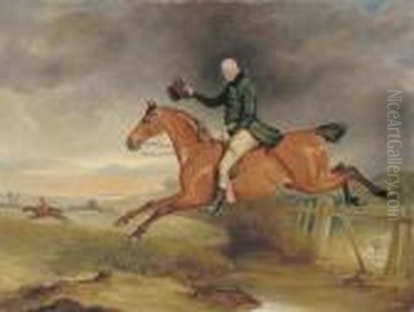 Portrait Of George Marriot On His Bay Hunter Taking A Fence With A Hunt Beyond Oil Painting by John Snr Ferneley