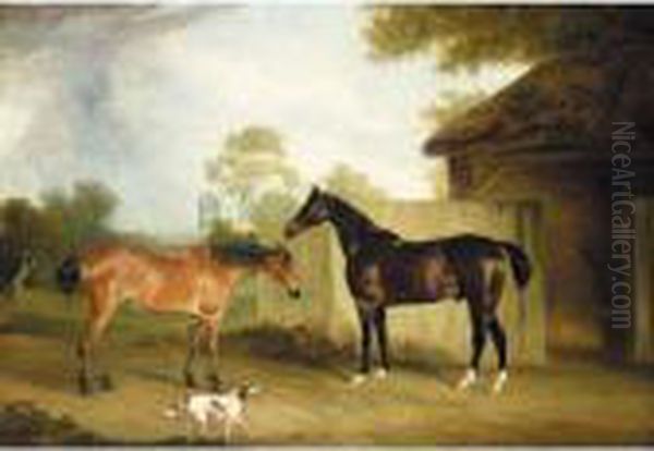 Two Hunters Oil Painting by John Snr Ferneley