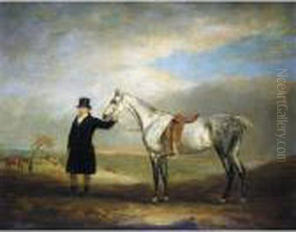 A Grey Mare Held By A Groom Wearing A Blue Coat, A Hunt Beyond Oil Painting by John Snr Ferneley