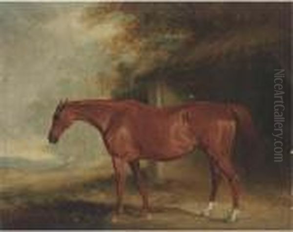 A Chestnut Mare Outside A Stable Oil Painting by John Snr Ferneley