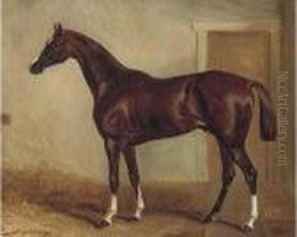 A Bay Hunter In A Stable Oil Painting by John Snr Ferneley