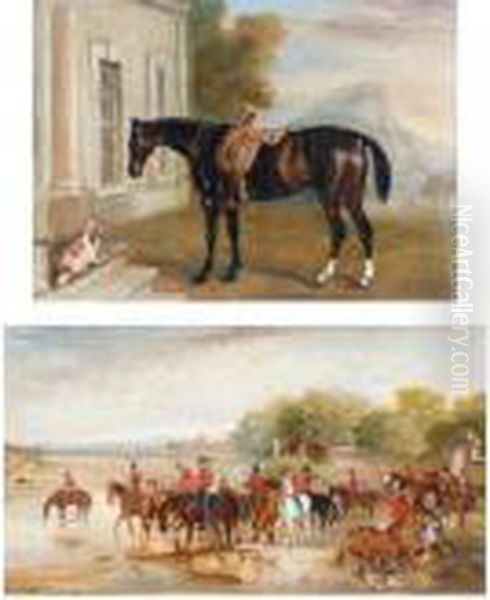 Light Dragoons Watering Their 
Mounts; And A Dark Bay Hunter Outside A House With A Spaniel Oil Painting by John Snr Ferneley