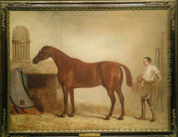 A Bay Racehorse With A Groom In A Stable Oil Painting by John Snr Ferneley