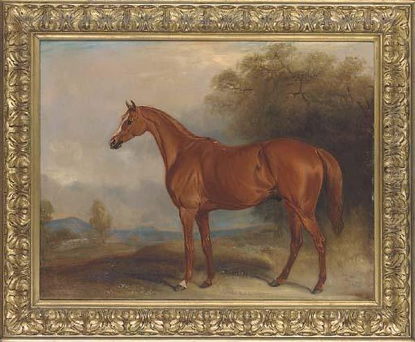 A Chestnut Hunter In A Landscape Oil Painting by John Snr Ferneley