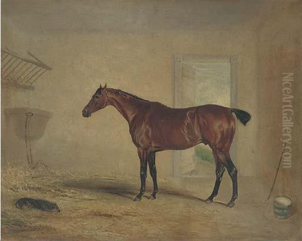 A Bay Hunter In A Stable Oil Painting by John Snr Ferneley