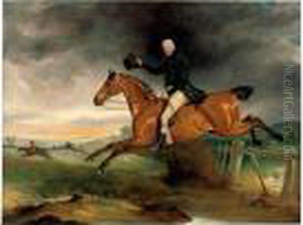 Mr George Marriott On His Bay Hunter Taking A Fence Oil Painting by John Snr Ferneley