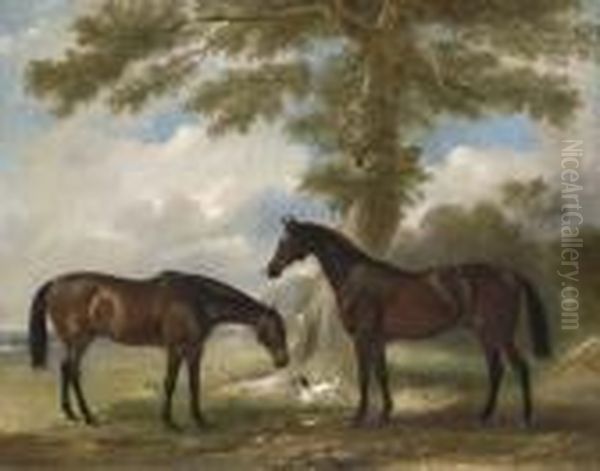 Two Bay Mares With A Terrier By A Tree, In A Landscape Oil Painting by John Snr Ferneley