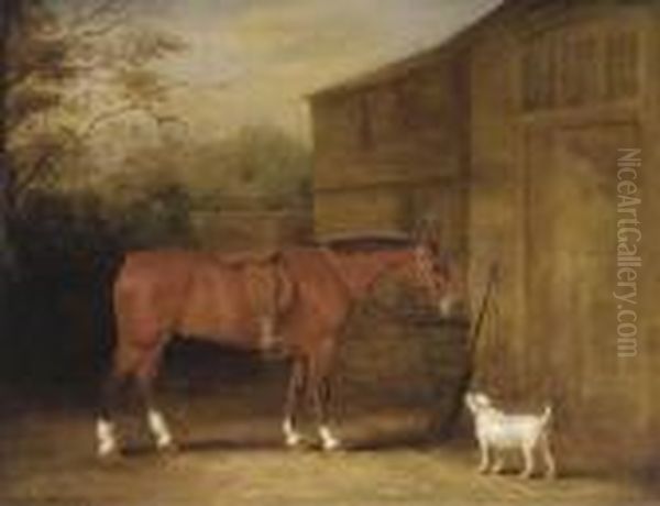 A Bay Hunter And A Dog Outside A Stable Oil Painting by John Snr Ferneley