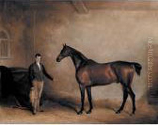 Mr. C. N. Hogg's Claxton And A Groom In A Stable Oil Painting by John Snr Ferneley