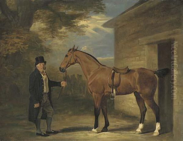 A Gentleman With A Bay Hunter Outside A Stable Oil Painting by John Snr Ferneley