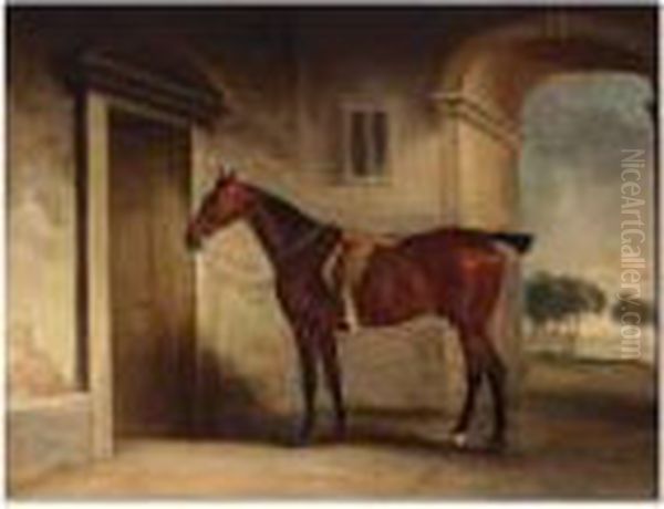 A Saddled Bay Hunter In A Stableyard Oil Painting by John Snr Ferneley