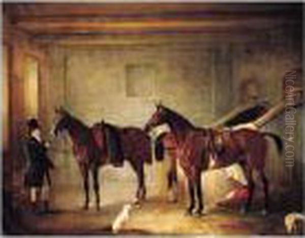 Sir John Thorold's Bay Hunters With Their Groom In A Stable Oil Painting by John Snr Ferneley