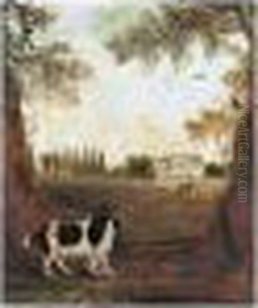 A King Charles Spaniel In A Park, A Country House Beyond Oil Painting by John Snr Ferneley