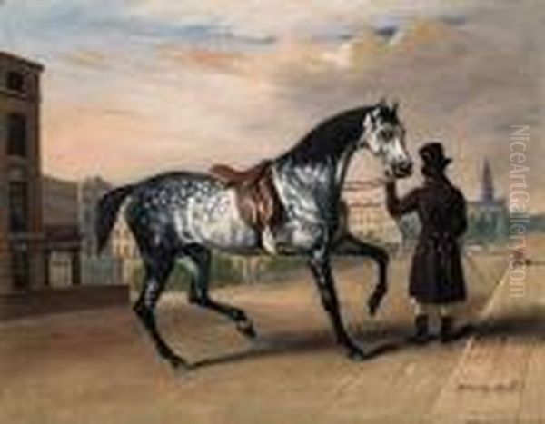 A Dappled Grey Horse Held By A Gentleman On The Maryleboneroad Oil Painting by John Snr Ferneley