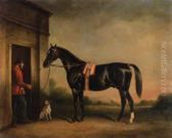 Vitellus, A Black Hunter, Held By A Groom, With A Dog Outside Astable Oil Painting by John Snr Ferneley