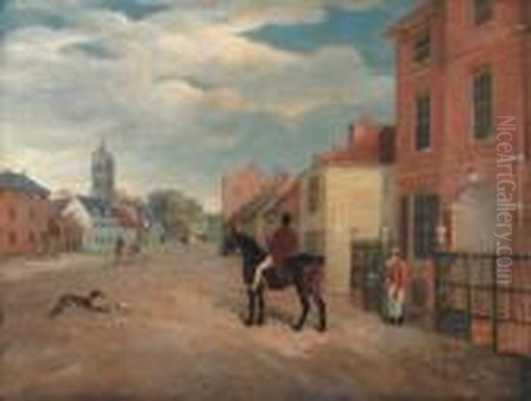 The High Street, Melton Mowbray, With A Huntsman In Theforeground Oil Painting by John Snr Ferneley