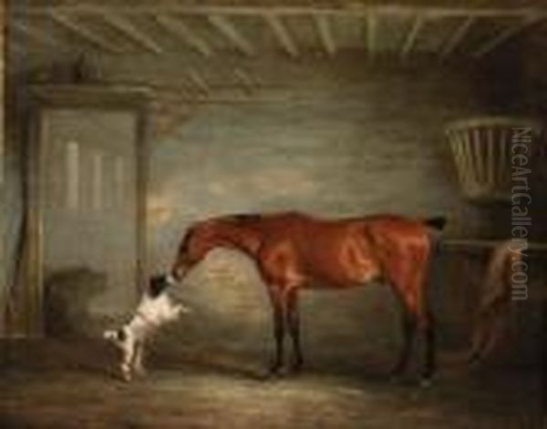 A Bay Hunter With A Poodle In A Stable Oil Painting by John Snr Ferneley