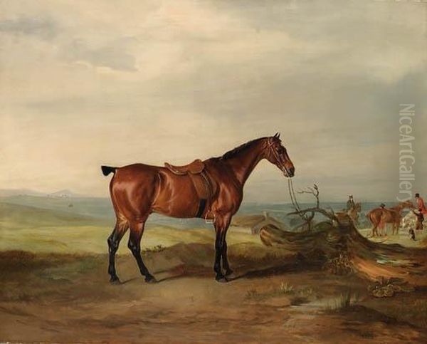 A Saddled Bay Hunter, In An Extensive Landscape, With Huntsmen Andhounds Beyond Oil Painting by John Snr Ferneley