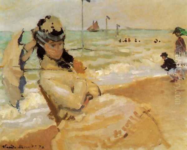 Camille On The Beach At Trouville Oil Painting by Claude Oscar Monet