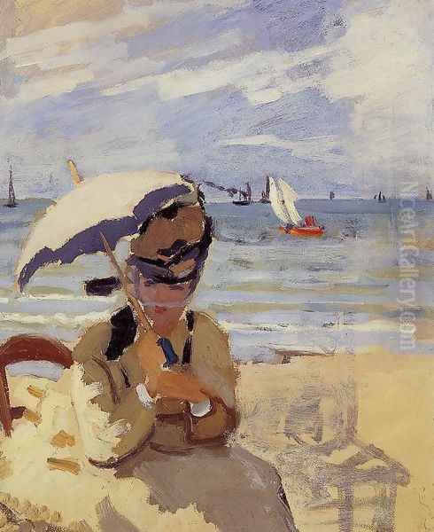 Camille Sitting On The Beach At Trouville Oil Painting by Claude Oscar Monet