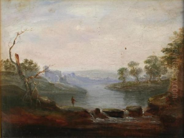 A Fisherman By A River At Twilight, Ruins Beyond Oil Painting by Anthony Vandyke Copley Fielding