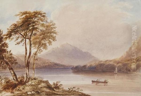 Lake View With Distant Mountain And Small Boats Oil Painting by Anthony Vandyke Copley Fielding