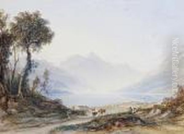 Cattle Herders Resting By A Lake Oil Painting by Anthony Vandyke Copley Fielding