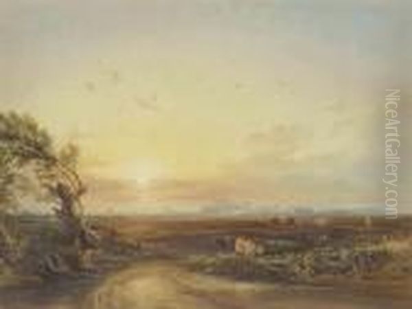 A Drover Herding His Cattle 
Through A Field At Sunset, Pevenseycastle Beyond, East Sussex Oil Painting by Anthony Vandyke Copley Fielding