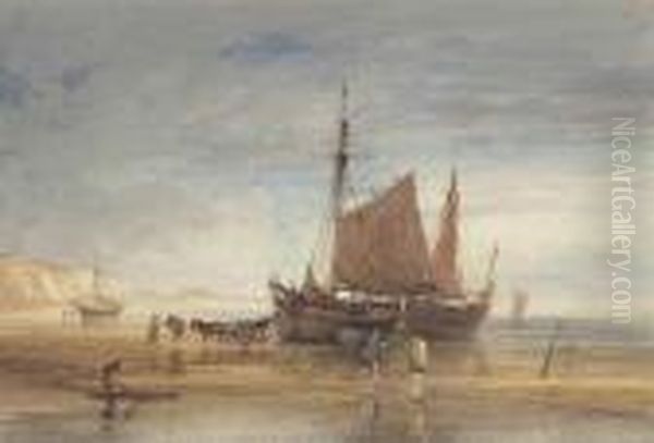 Fishing Boats And Shrimpers On The Shore Oil Painting by Anthony Vandyke Copley Fielding