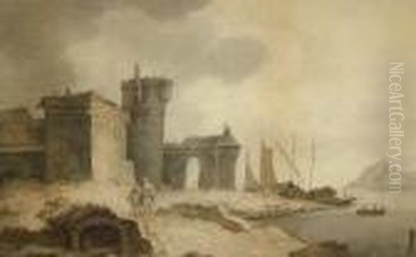 Figures By Alakeside Castle Oil Painting by Anthony Vandyke Copley Fielding