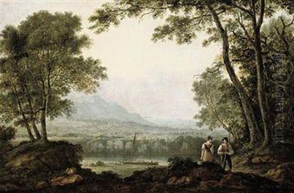 Two Figures In A Landscape, Overlooking A River With A Town Andmountains Beyond Oil Painting by Anthony Vandyke Copley Fielding