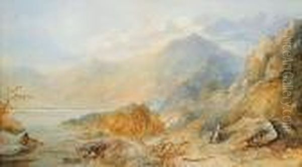 Untitled - Majestic Mountains With Mother Andchild Oil Painting by Anthony Vandyke Copley Fielding