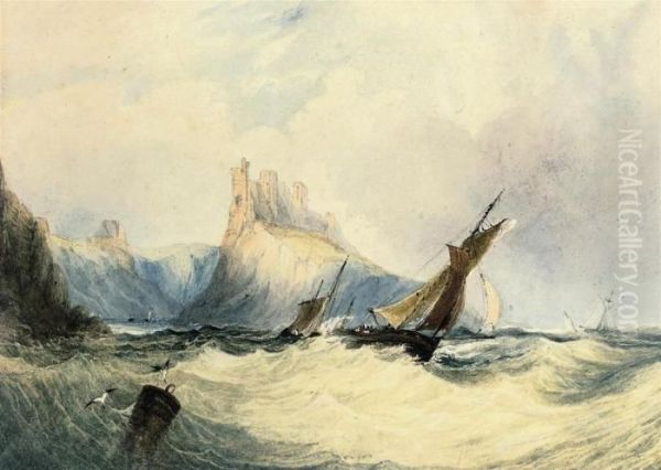 Fishing Boats In A Heavy Swell Off Lindisfarne Castle, Holyisland Oil Painting by Anthony Vandyke Copley Fielding