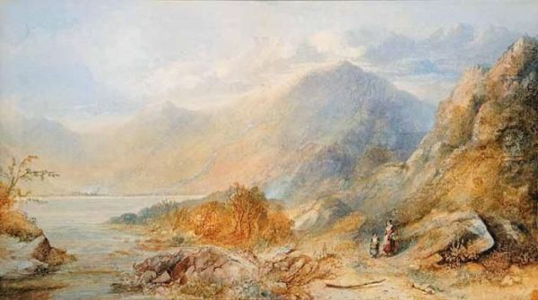 Untitled - Majestic Mountains With Mother And Child Oil Painting by Anthony Vandyke Copley Fielding