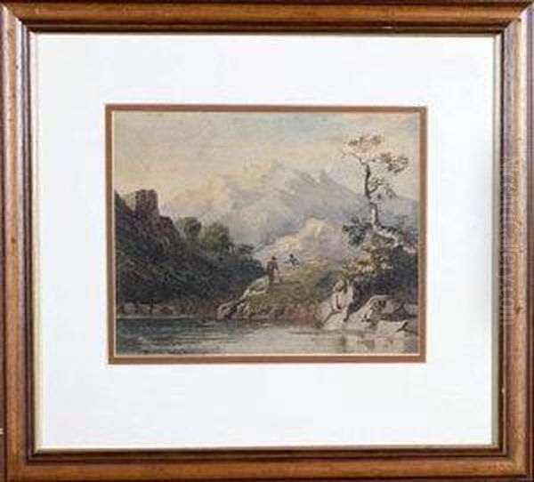 Two Figures At A Lakeside With A Range Of Hills Beyond Oil Painting by Anthony Vandyke Copley Fielding