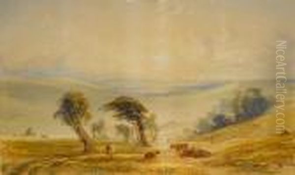 Cows Resting In A Sunlit Landscape Oil Painting by Anthony Vandyke Copley Fielding