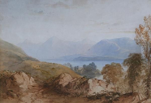 Lake Scene With Mountains In The Background, Rocks And Trees To The Fore Oil Painting by Anthony Vandyke Copley Fielding