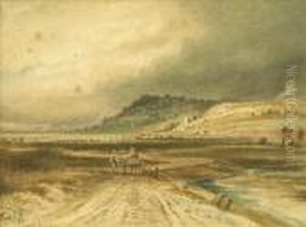 Extensive Estuary Landscape With Figures And Cart, A Church Beyond Oil Painting by Anthony Vandyke Copley Fielding