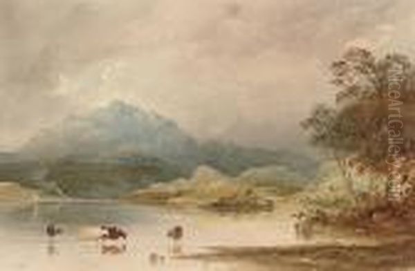 Cows Wading Through A Lake, A 
Mountain Beyond (illustrated); Andtwo Men Dragging A Dinghy Ashore, A 
House Beyond Oil Painting by Anthony Vandyke Copley Fielding