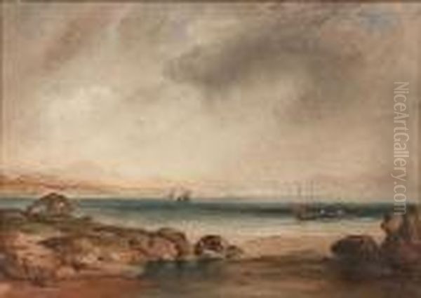 Coastal Scene With Fishing Boats On A Calm Sea Oil Painting by Anthony Vandyke Copley Fielding