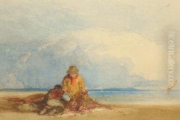 Fishermen On A Shore With Shippingbeyond Oil Painting by Anthony Vandyke Copley Fielding