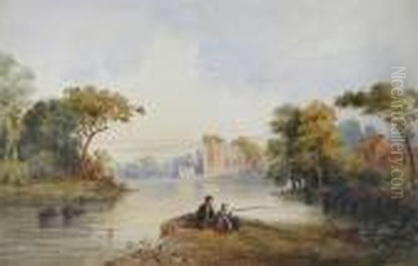 A Father And Child Fishing, A Ruin Beyond Oil Painting by Anthony Vandyke Copley Fielding