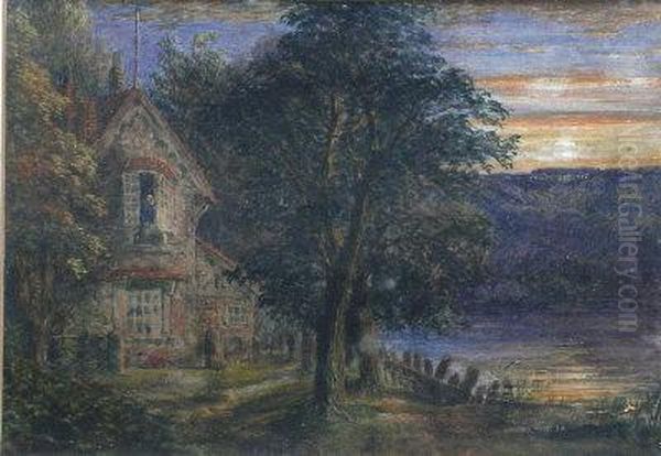 A Sunset Scene With Riverside House Oil Painting by Anthony Vandyke Copley Fielding